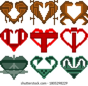 Set of nine pixel illustrations. Set of hearts of different colors and shapes. Vector illustration.