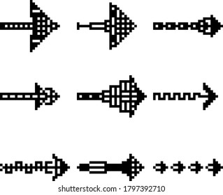 Eine Reihe von neun Pixelillustrationen verschiedener geometrischer Formen und Richtungsreihen. Vektorgrafik.