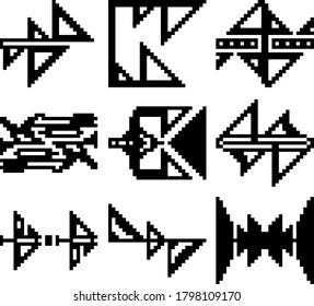 A set of nine pixel illustrations of various geometric shapes and directional arrows. Vector illustration.