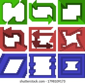 A set of nine pixel illustrations of various geometric shapes and directional arrows. Vector illustration.