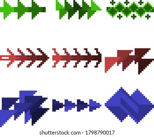 Un conjunto de nueve ilustraciones de píxeles de varias formas geométricas y flechas direccionales. Ilustración vectorial.
