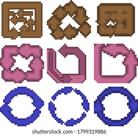 A set of nine pixel illustrations of various geometric shapes and directional arrows. Vector illustration.