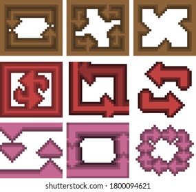 Eine Reihe von neun Pixelillustrationen verschiedener geometrischer Formen und Richtungsreihen. Vektorgrafik.