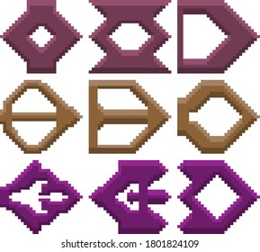 A set of nine pixel illustrations of various geometric shapes and directional arrows. Vector illustration.