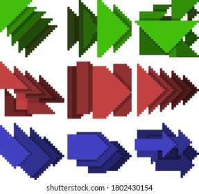 A set of nine pixel illustrations of various geometric shapes and directional arrows. Vector illustration.