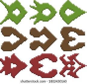 A set of nine pixel illustrations of various geometric shapes and directional arrows. Vector illustration.