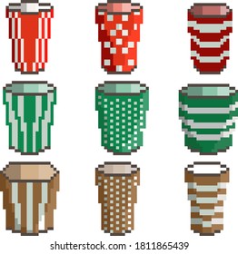 A set of nine pixel images of plastic and paper cups in different colors. Vector illustration.