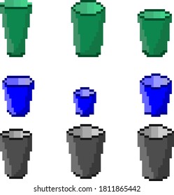 A set of nine pixel images of plastic and paper cups in different colors. Vector illustration.