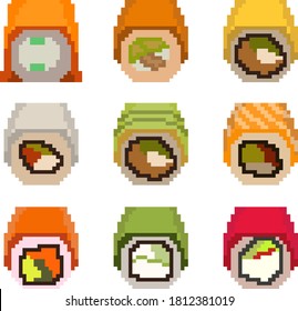 A set of nine pixel images of sushi and rolls, different fillings of cheese, shrimp, fish, cucumbers, avocado and more. Vector illustration.