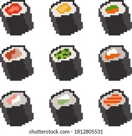 A set of nine pixel images of sushi and rolls, different fillings of cheese, shrimp, fish, cucumbers, avocado and more. Vector illustration.