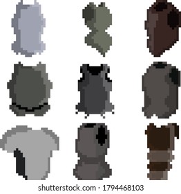 Eine Gruppe von neun Pixel mittelalterlicher Rüstung für Spiele, Websites, Design und mehr. Vektorgrafik.
