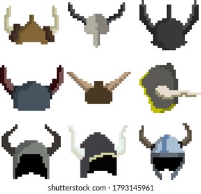 Un conjunto de cascos medievales de nueve píxeles para juegos, sitios web, diseño y más. Ilustración vectorial.
