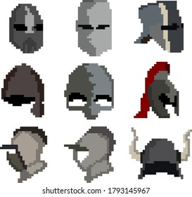 A set of nine pixel medieval helmets for games, websites, design, and more. Vector illustration.