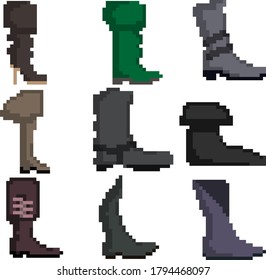 A set of nine pixel medieval shoes for games, websites, design and more. Vector illustration.