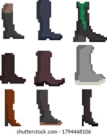 A set of nine pixel shoes for games, websites, design, and more. A set of shoes. Vector illustration.