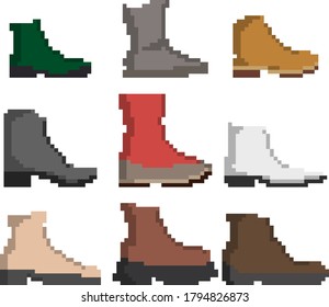 A set of nine pixel shoes for games, websites, design, and more. A set of shoes. Vector illustration.