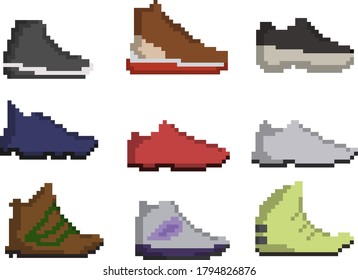 A set of nine pixel sneakers for games, websites, design, and more. Vector illustration.