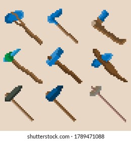 Conjunto de martillos de guerra de nueve píxeles. Imagen para iconos, juegos, sitios y más. Ilustración vectorial.