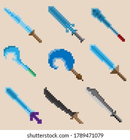 Set of nine pixel war swords. Image for icons, games, sites and more. Vector illustration.