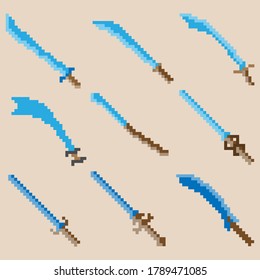 Conjunto de espadas de guerra de nueve píxeles. Imagen para iconos, juegos, sitios y más. Ilustración vectorial.
