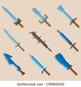 Set of nine pixel war swords. Image for icons, games, sites and more. Vector illustration.