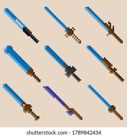 Satz von neun Pixelkriegsschwertern. Bild für Symbole, Spiele, Seiten und mehr. Vektorgrafik.