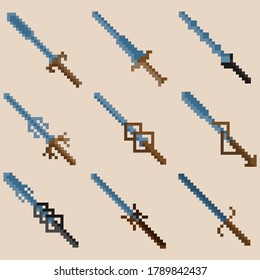 Conjunto de espadas de guerra de nueve píxeles. Imagen para iconos, juegos, sitios y más. Ilustración vectorial.
