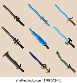 Conjunto de espadas de guerra de nueve píxeles. Imagen para iconos, juegos, sitios y más. Ilustración vectorial.