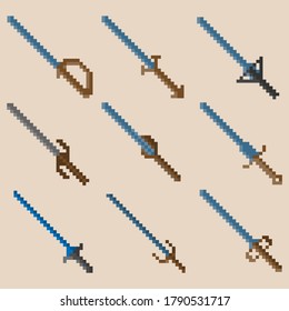 Conjunto de espadas de guerra de nueve píxeles. Imagen para iconos, juegos, sitios y más. Ilustración vectorial.