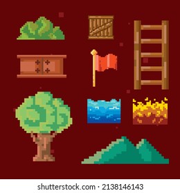 set of nine pixelated items