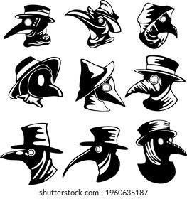 A set of nine plague doctor masks isolated on a white background. Vector illustration.