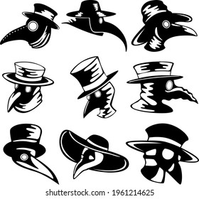 A set of nine plague doctor masks isolated on a white background. Vector illustration. svg