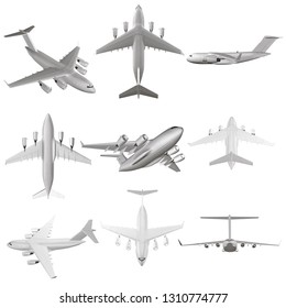 Set with nine planes at different angles. High detailed white airplane on a white background. Airplane in profile from the front and top view isolated vector illustration Airline Concept Travel 3D set