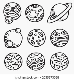 Set with nine planets in doodle contour line style