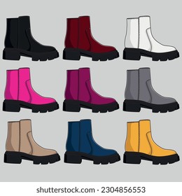 Set of nine platform boots. Ankle boots. . Various color boots. Hand drawn color trendy vector illustration. Each card is isolated