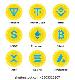 A set of nine popular cryptocurrency token symbols with names.