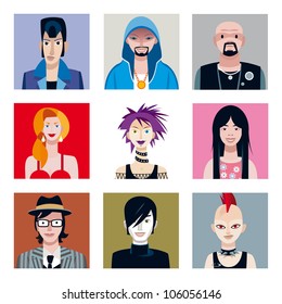 Set of nine portraits of young people (boys and girls) from different urban tribes to use as avatars or icons for social networks.