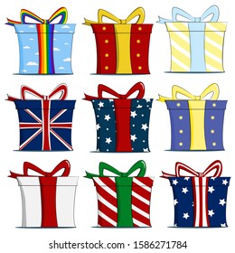 Set of nine present boxes in different styles. Cartoon style vector illustration. 