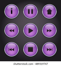 Set of nine purple buttons with shiny metal rims and reflections on a black background for internet icons or music app vector illustration.