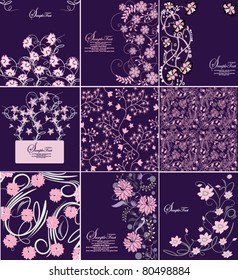 set of nine purple invitations with floral background