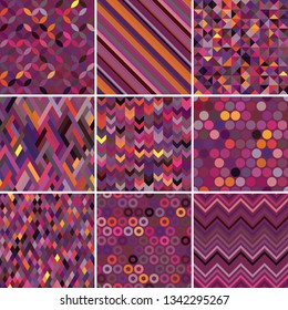 Set with nine purple seamless abstract geometric pattern, vector illustration