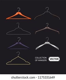 Set of nine realistic clothes hangers on a dark background. Wooden hanger, plastic hanger, black hanger, white coat hanger.