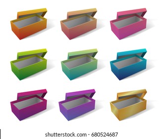 Set of nine realistic colorful empty boxes isolated on white background. Template for shopping. Eps10 vector.