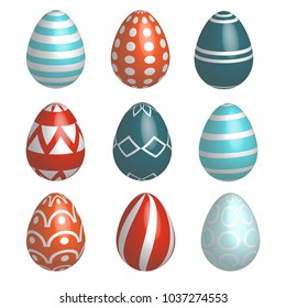 Set of nine realistic colorful vector Easter eggs with simple patterns and shadow on white background