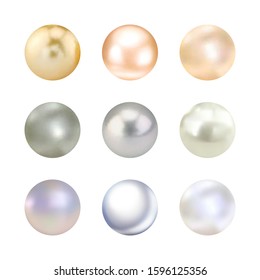 Set of nine  realistic pearls of different color isolated on the white background. 3d illustration.