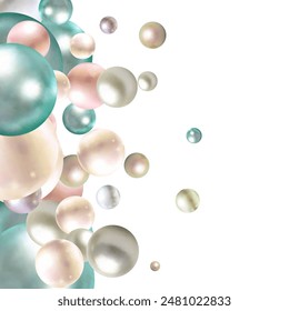 Set of nine realistic pearls of different color isolated on the white background. 3d illustration.