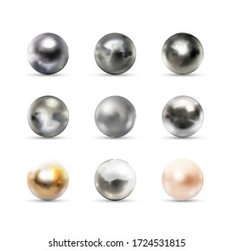 Set of nine realistic spherical 3D orbs made from different materials with glares and reflection on white