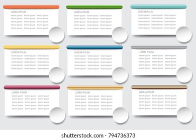 Set of nine rectangles with colorful metal top edges and blank circle ready for your text 