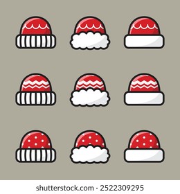 A set of nine red Christmas hats in different styles with white fluffy edges and patterns.