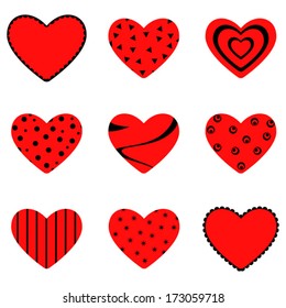 Set of nine red hearts